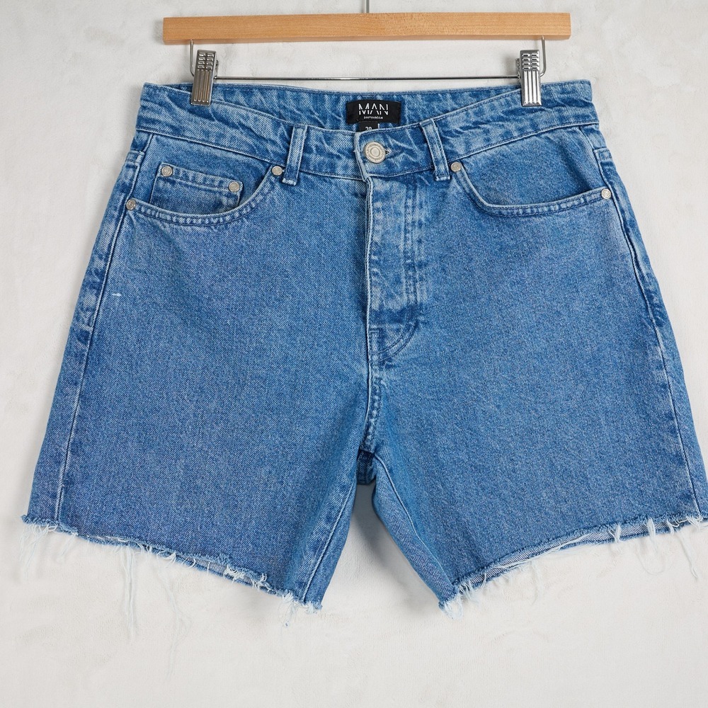 boohooMAN Mens Blue Denim Raw Hem Button Fly Jean Shorts Size 30